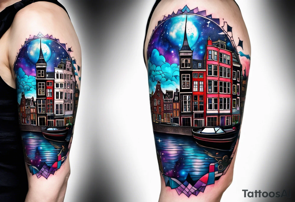 Tattoo of amsterdam buildings and canal featuring glass, wolf and stag in galaxy colours tattoo idea