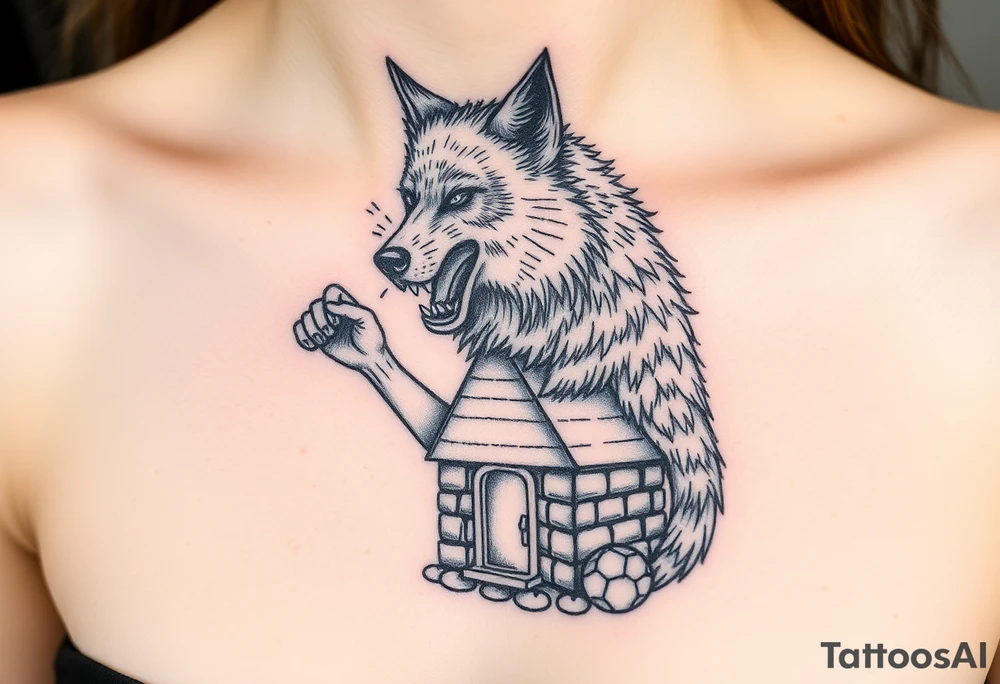 Big bad wolf  blowing down   a brick house tattoo idea