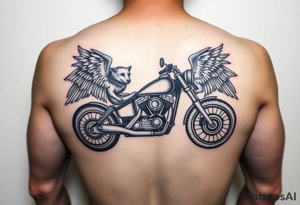 a motorcycle on it with guardian angel wolves on the bike tattoo idea
