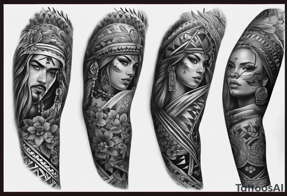 Appalachia Mexican heritage tattoo full arm sleeve, no portraits, more geometric patterns tattoo idea