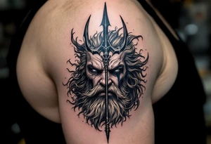 close-up crying poseidon behind a trident tattoo idea