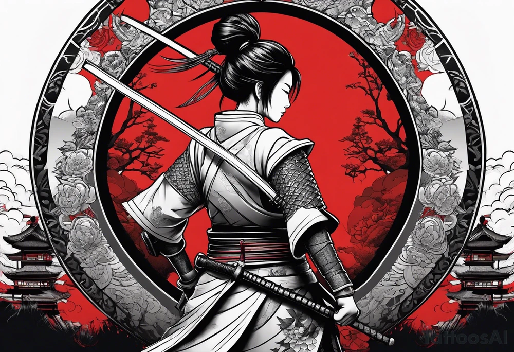 3 female samurai in body armor wielding swords back facing, in front of a red incomplete circle tattoo idea