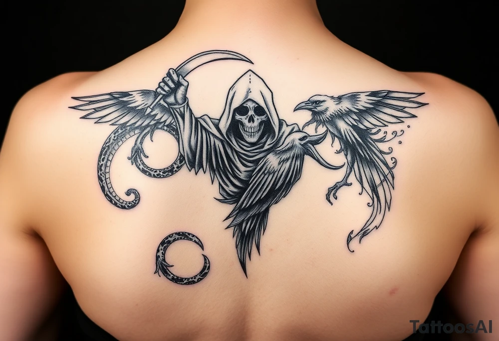 Mix grim reaper, snakes, crow and smoke tattoo idea