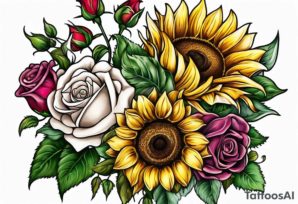 sunflower rose sweet pea bouquet tattoo idea