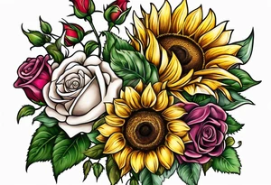 sunflower rose sweet pea bouquet tattoo idea