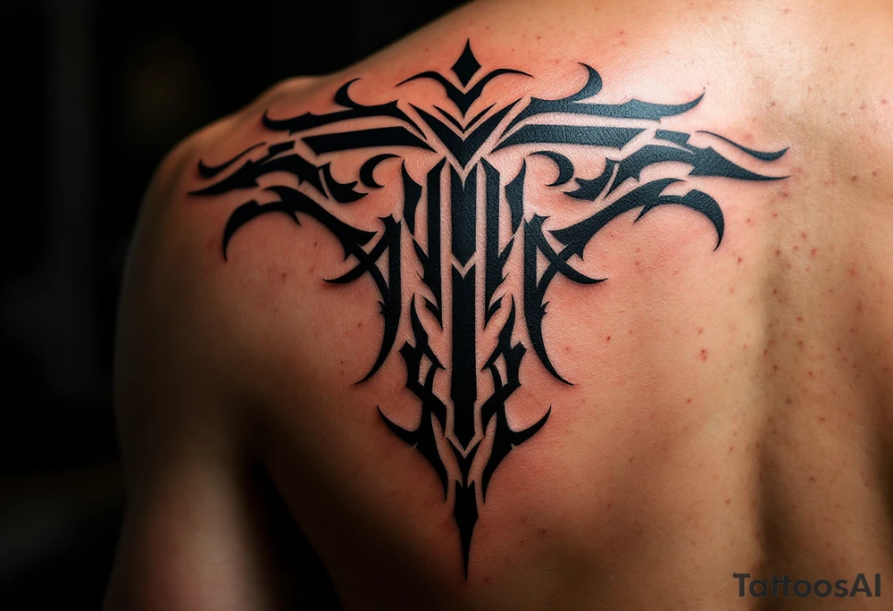 A tribal-inspired "T" in jet black with symmetrical geometric detailing. tattoo idea