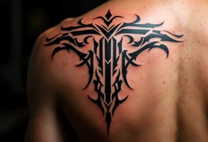 A tribal-inspired "T" in jet black with symmetrical geometric detailing. tattoo idea