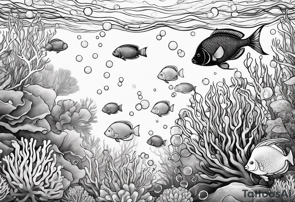 dark 
underwater coral reef with bubbles and fish tattoo idea