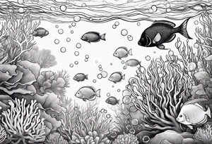 dark 
underwater coral reef with bubbles and fish tattoo idea