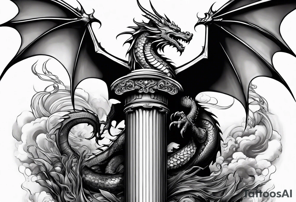 A dragon holding on a column tattoo idea