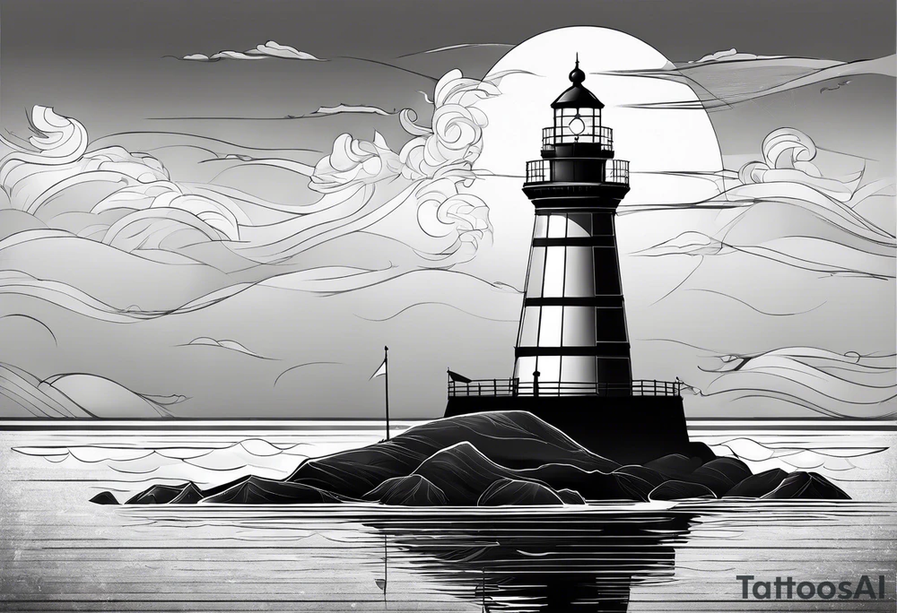 maritime lighthouse partially hidden by its large fixed sail. calm sea reflection. tattoo idea
