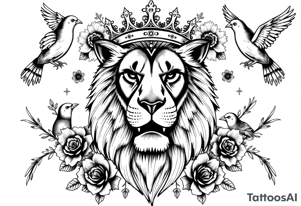 powerful majestic lion with a crown, surrounded by floral ornaments and birds tattoo idea