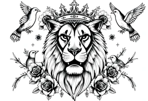 powerful majestic lion with a crown, surrounded by floral ornaments and birds tattoo idea