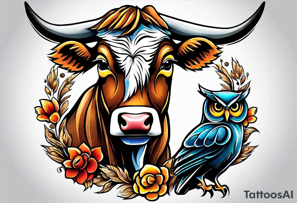 a cow and an owl at wrestle mania tattoo idea