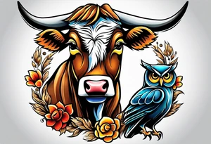 a cow and an owl at wrestle mania tattoo idea