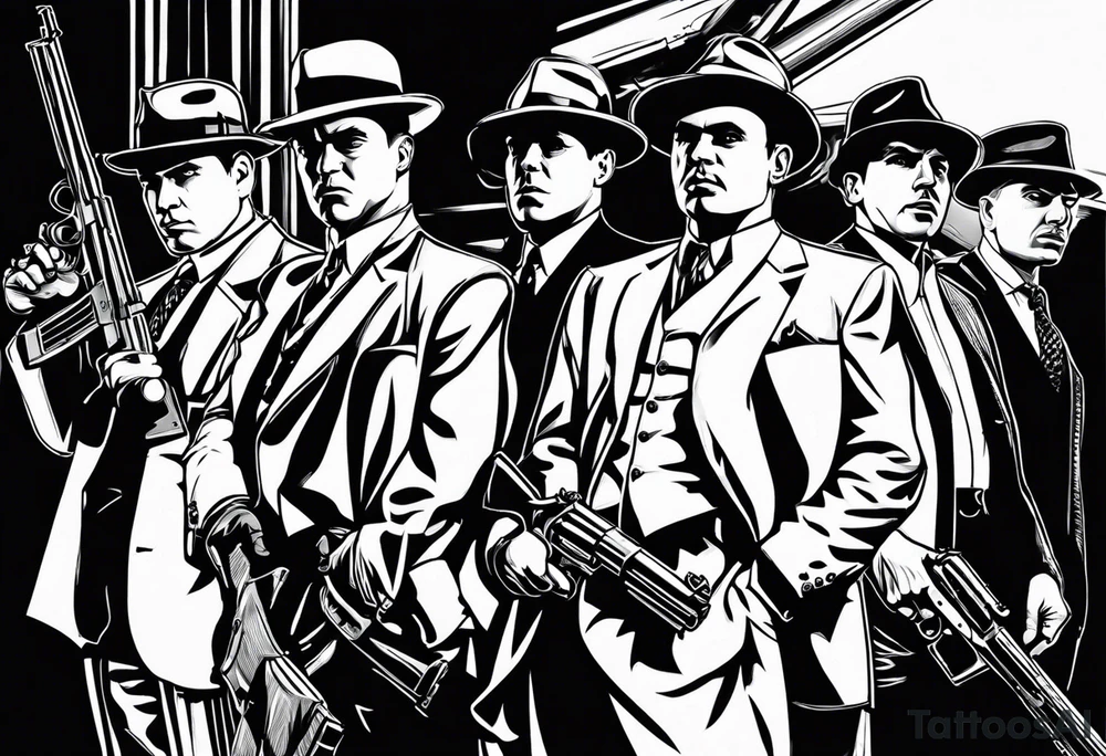 group of gangsters standing together including Al Capone, John Dillinger, Machine Gun Kelley, Bonnie and Clyde along with tommy guns, gatling gun and sawed off shot guns with bullets flying tattoo idea
