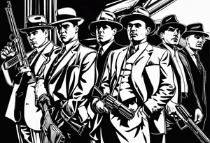 group of gangsters standing together including Al Capone, John Dillinger, Machine Gun Kelley, Bonnie and Clyde along with tommy guns, gatling gun and sawed off shot guns with bullets flying tattoo idea