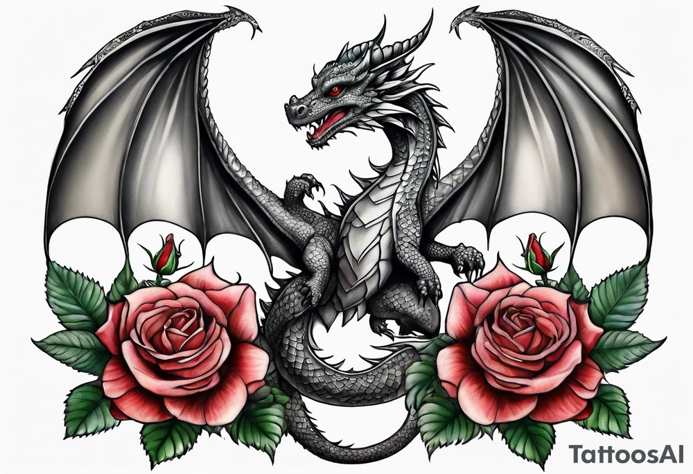 Mother dragon with wings spread two baby dragons and roses tattoo idea