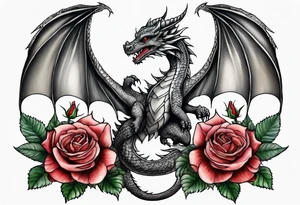 Mother dragon with wings spread two baby dragons and roses tattoo idea