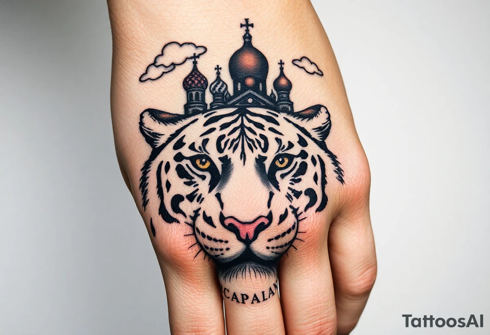 Realistic tiger face on the back of the hand with strong contrast and fine detail with hollow black eyes. with a highly detailed Russian Orthodox cathedral sitting above on fore arm with onion domes and orthodox crosses, done in fine line, engraving-like style. Cohesive composition, black ink only, no color, high contrast, slightly aged, documentary-style, plain light background. with clouds above and a virgin mary tattoo idea