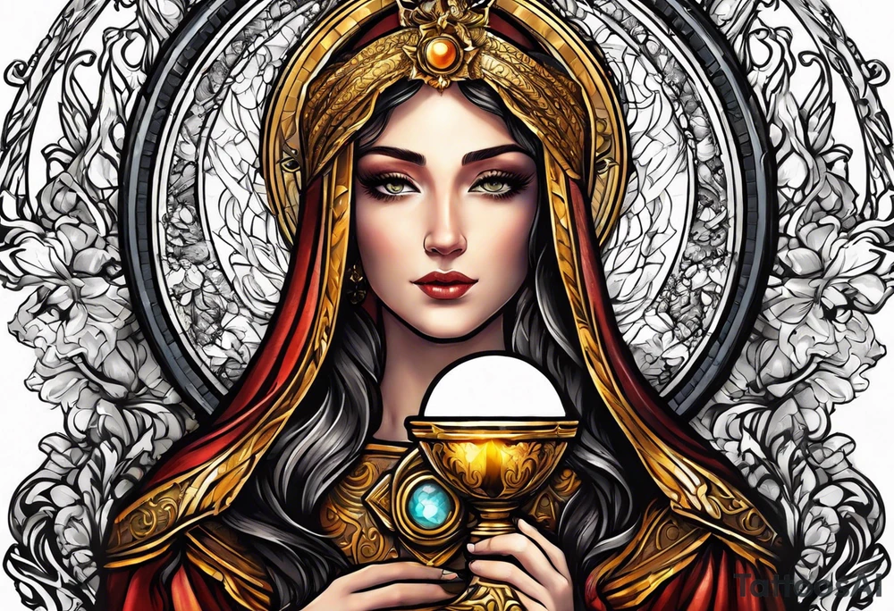 woman saint holding chalice surrounded by golden halo tattoo idea