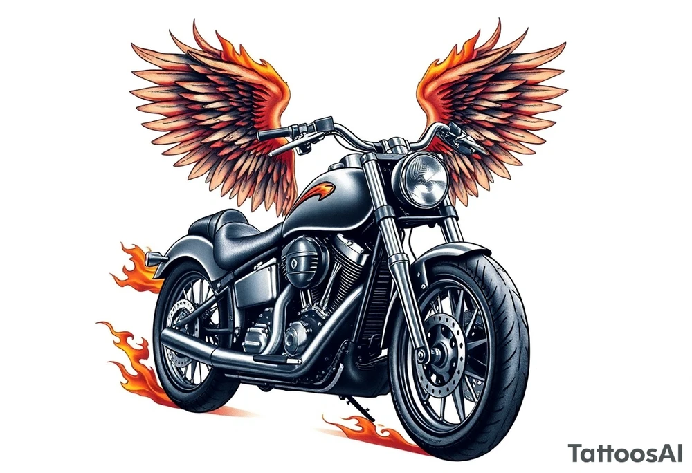 Harley grey motorcycle driving away, flames, angel wings tattoo idea