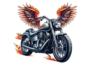 Harley grey motorcycle driving away, flames, angel wings tattoo idea