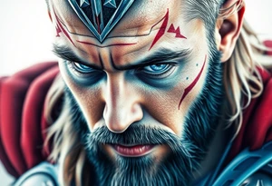 A close-up of Thor’s face from Endgame, with battle scars, glowing blue eyes, and Stormbreaker raised, in hyper-realistic shades of blue, silver, and deep red. tattoo idea