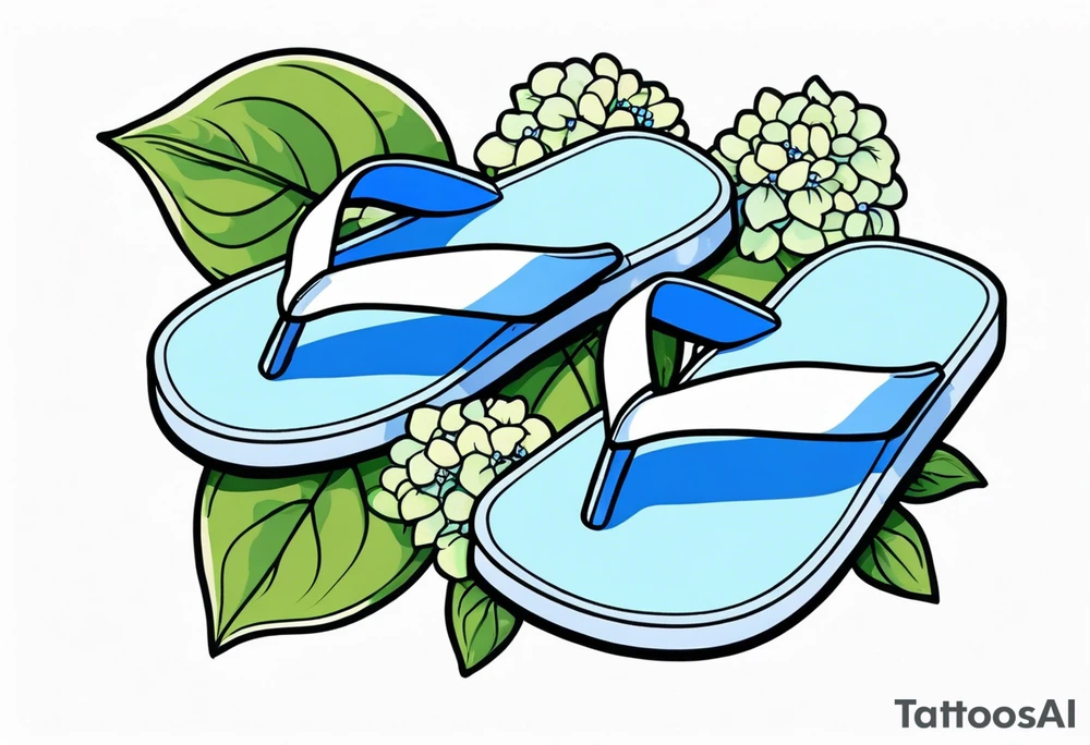 small tattoo of a single pastel blue flip flop surrounded by blue and periwinkle hydrangea flowers with green leaves tattoo idea