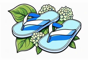 small tattoo of a single pastel blue flip flop surrounded by blue and periwinkle hydrangea flowers with green leaves tattoo idea