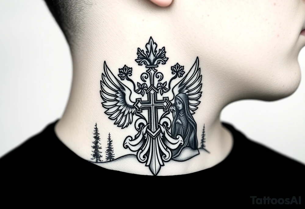 russian coat arms in a russian christian orthodox cross with the cross in the middle with a virgin mary & orthodox dome church on the side of the neck in a wilderness setting tattoo idea