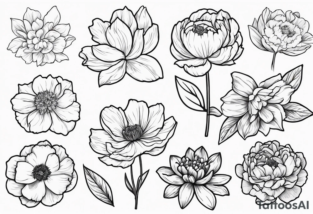 8 flowers to symboize 8 family design : 
peony, carnation, daffodil, daphne, dahlia, desiree, daisy and rose and label the flower name tattoo idea