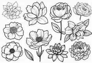 8 flowers to symboize 8 family design : 
peony, carnation, daffodil, daphne, dahlia, desiree, daisy and rose and label the flower name tattoo idea