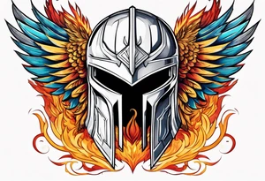 A Spartan Helmet with a phoenix encompassing it tattoo idea