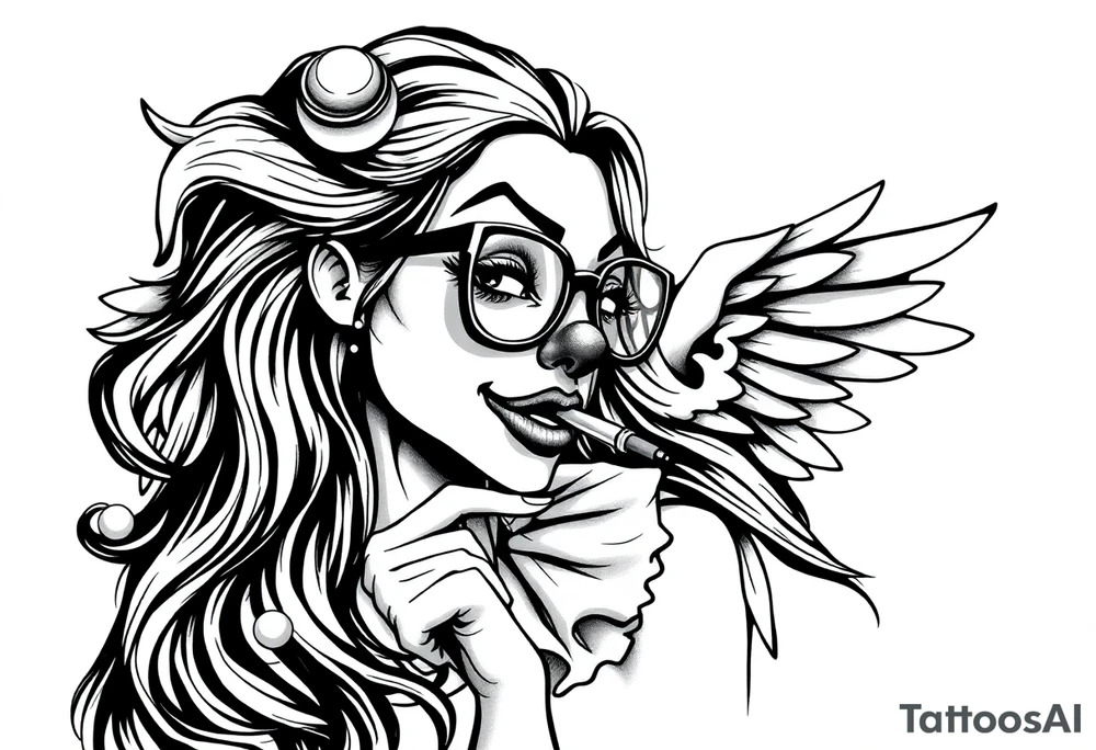 beautiful long hair Clown Girl thug eyeglasses angel wings smoking a cigarette tattoo idea