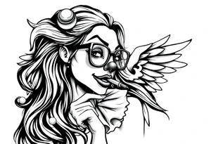 beautiful long hair Clown Girl thug eyeglasses angel wings smoking a cigarette tattoo idea