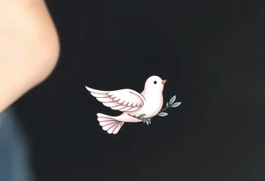 A delicate dove with outstretched wings, in soft white and gentle silver tones, carrying an olive branch tattoo idea