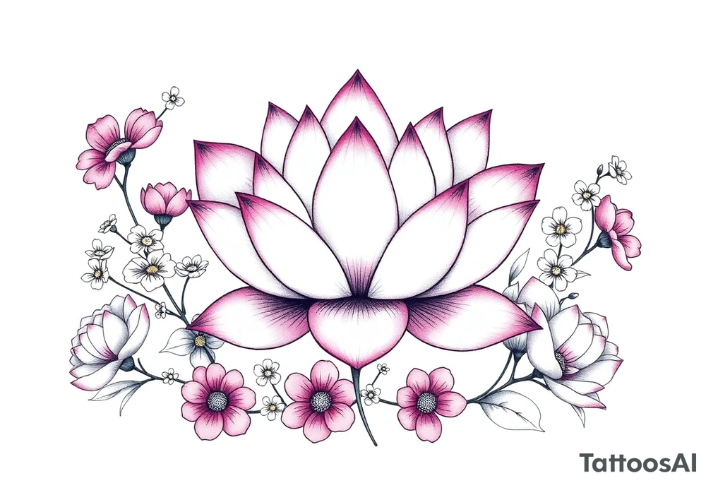 Lotus flower surrounded by forget me nots and peonies tattoo idea