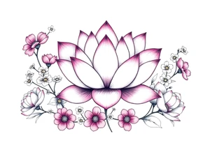 Lotus flower surrounded by forget me nots and peonies tattoo idea