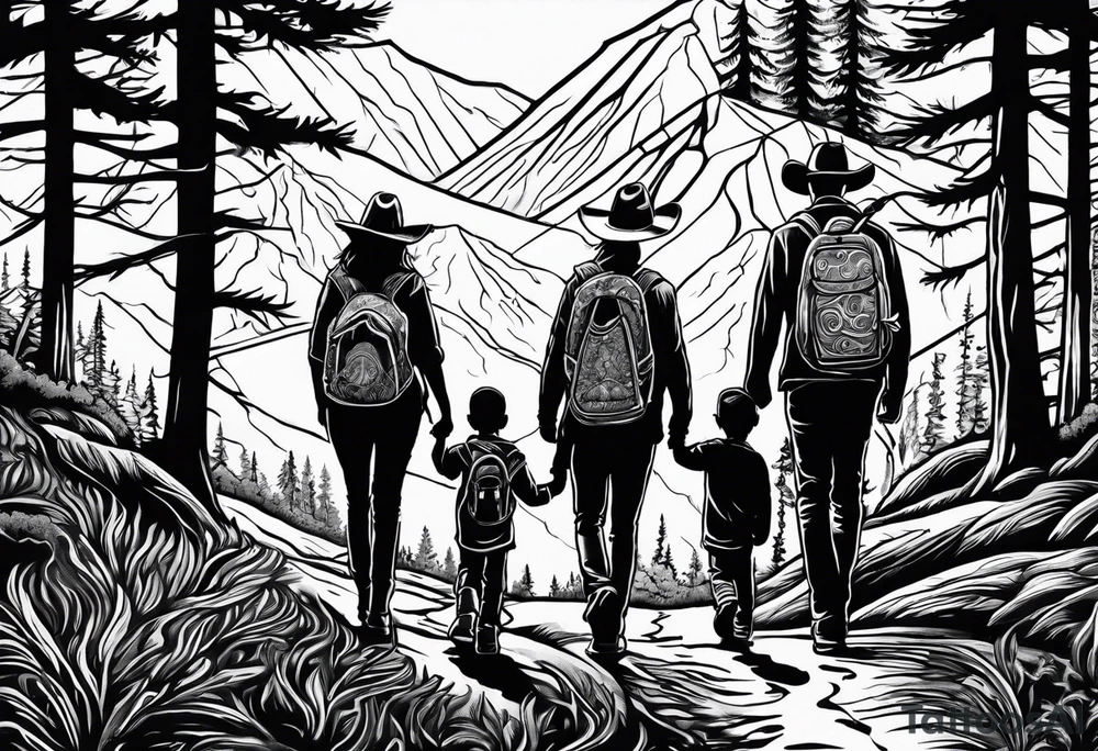 A family of four walking through the Pacific Northwest Forrest. Mexican art. Trust in God tattoo idea