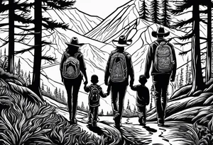 A family of four walking through the Pacific Northwest Forrest. Mexican art. Trust in God tattoo idea