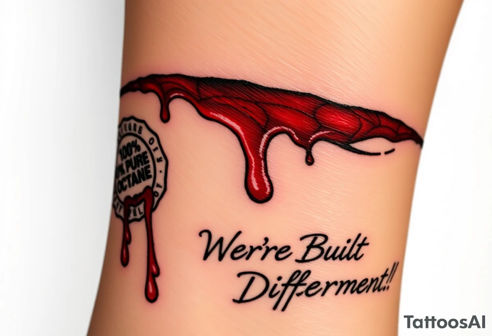 A 6” slit, with blood dripping out, with a “100% Pure Octane” stamp near the blood, and the words, “We’re Built Different!”, underlined by the 6” slit. tattoo idea