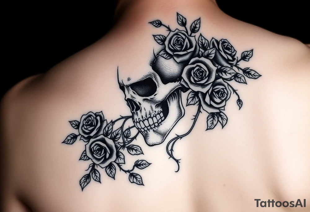 gothic skull intertwined with climbing roses and thorny vines tattoo idea