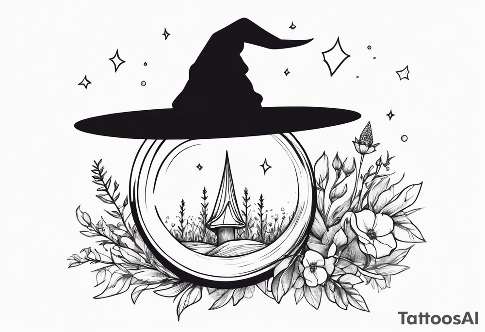 Witch hat balanced on top of a crystal ball sitting on wildflowers tattoo idea