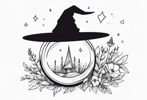 Witch hat balanced on top of a crystal ball sitting on wildflowers tattoo idea