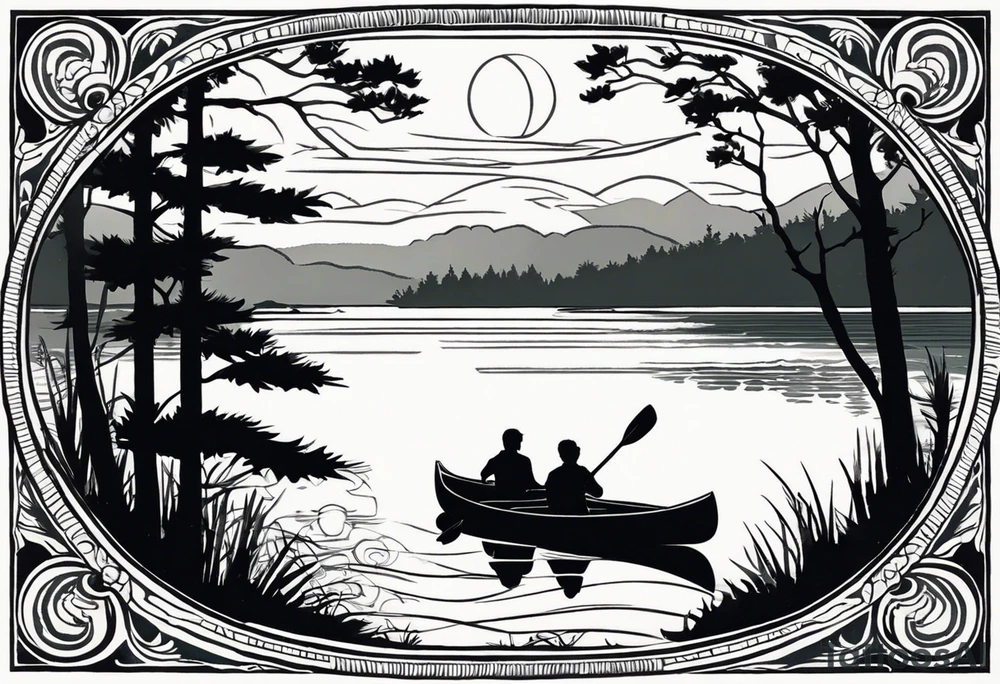 The tattoo design depicts a serene nature scene, framed within a semi-circular border. In the foreground, there are two people sitting in a canoe on a calm lake. They are paddling towards the horizon, with one person sitting at the back of the canoe and the other at the front. The back view of the people suggests a peaceful and contemplative moment shared between them.

In the background, there are majestic mountains with peaks covered in snow, creating a dramatic and picturesque landscape. The mountains are flanked by tall pine trees on either side, adding to the wilderness feel of the scene. Above the mountains, a large sun is either rising or setting, casting a tranquil glow over the entire scene. Birds are flying in the sky, adding to the sense of freedom and natural beauty.

The entire scene is rendered in a minimalist, black and white, line-drawing style, giving it a clean and elegant appearance. The semi-circular frame around the design focuses attention on the central elements and adds a sense of completeness to the image. black and white tattoo idea
