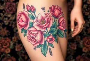 Realistic roses tulips and lilies 
and leaves with embellishments tattoo idea