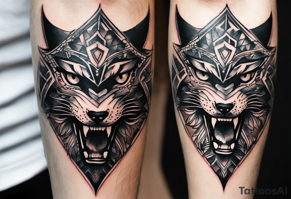 A tattoo for the knee featuring the face of a mythological creature, with fierce, exaggerated features like sharp fangs, intense eyes, and a wild expression. From its eyes, beams of light or energy radiate outward in a dynamic pattern. The design should feel bold and powerful, flowing naturally with the shape of the knee. Non geometrical desing tattoo idea