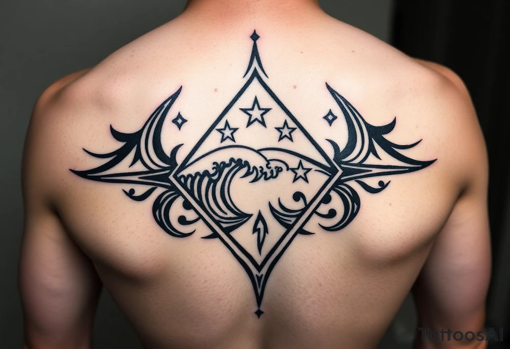 A powerful wave with stars inside of a elongated diamond tattoo idea