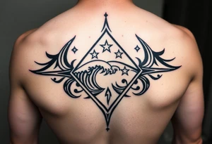 A powerful wave with stars inside of a elongated diamond tattoo idea